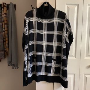 JNY Black & White Windowpane Plaid Turtleneck Poncho Sweater with pockets NWT